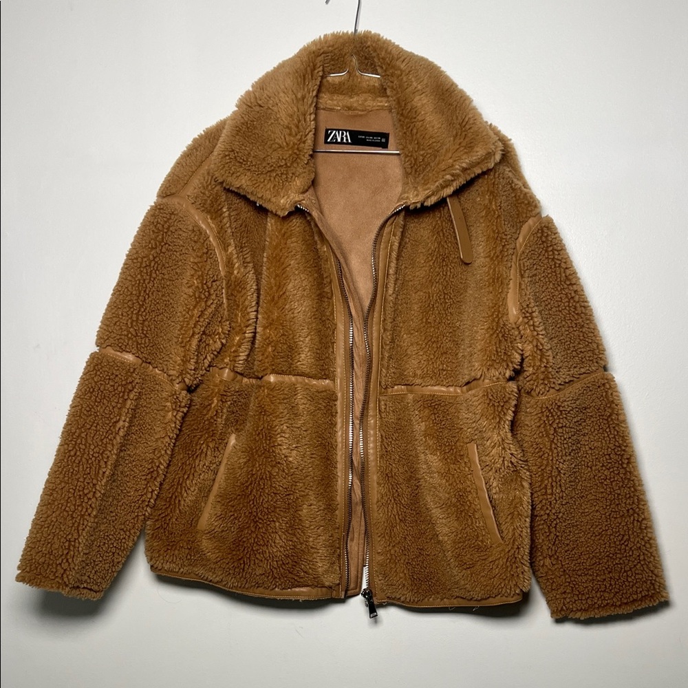 Zara Plush Teddy Shearling Zip Jacket - Caramel